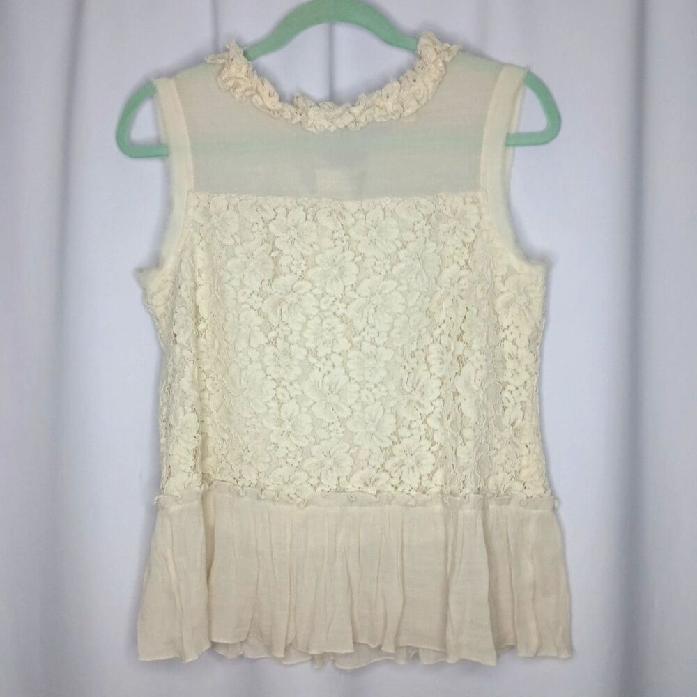 Adiva Floral Lace Crochet Top Sleeveless Relaxed Blouse Ruffle Cream Womens Med